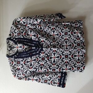 Talbots Petites Navy Blue and White Blouse With Red Accents